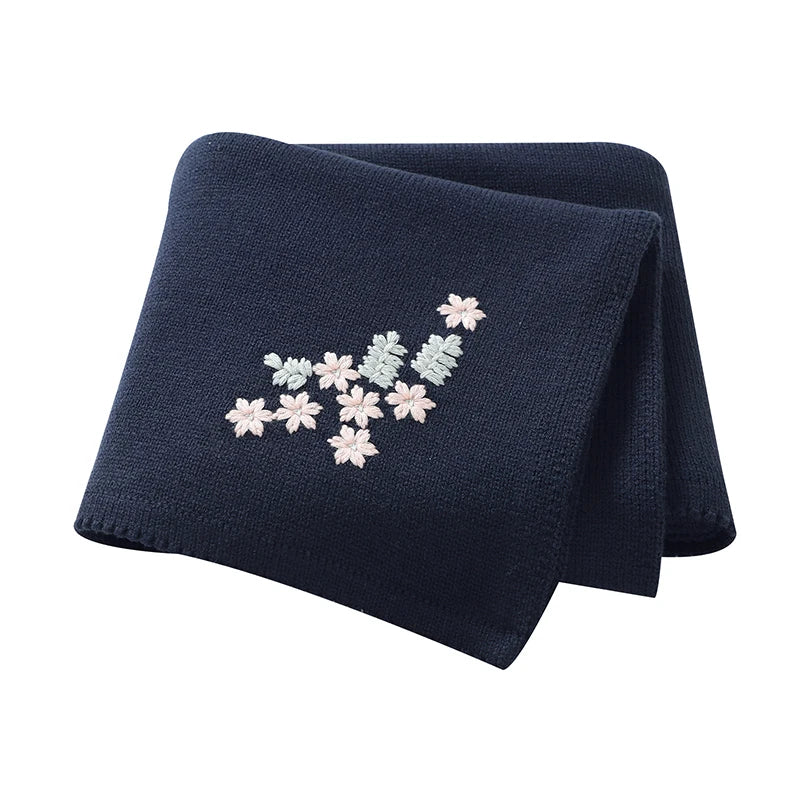 Baby Knitted Cotton Blanket - Floral Embroidered