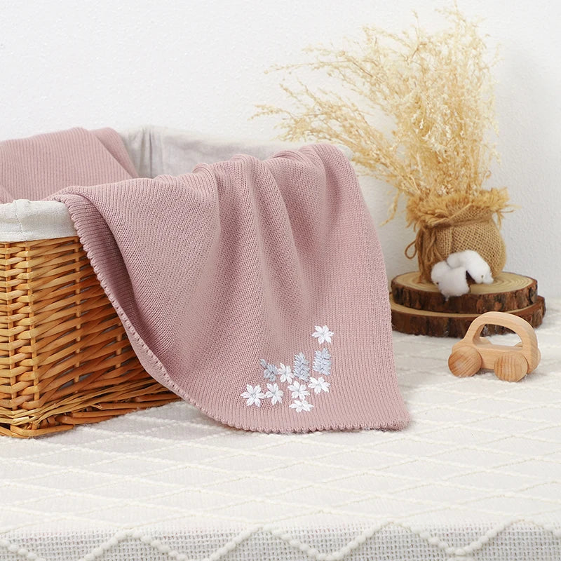 Baby Knitted Cotton Blanket - Floral Embroidered