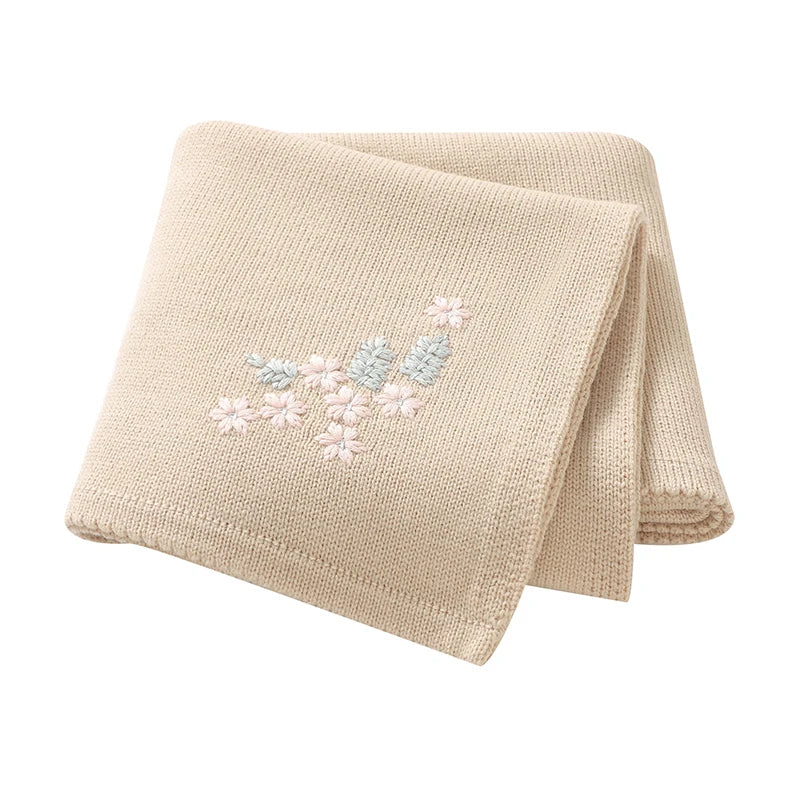 Baby Knitted Cotton Blanket - Floral Embroidered