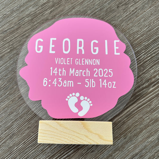 New Baby Personalised Gift Acrylic Plaque Sign With Wooden Base-0