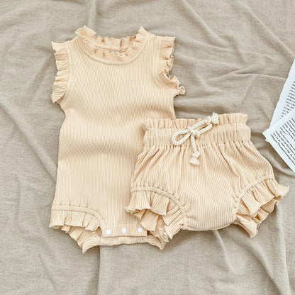 2 Piece Ribbed Romper & Shorts Set - Frill & Flutter Collection