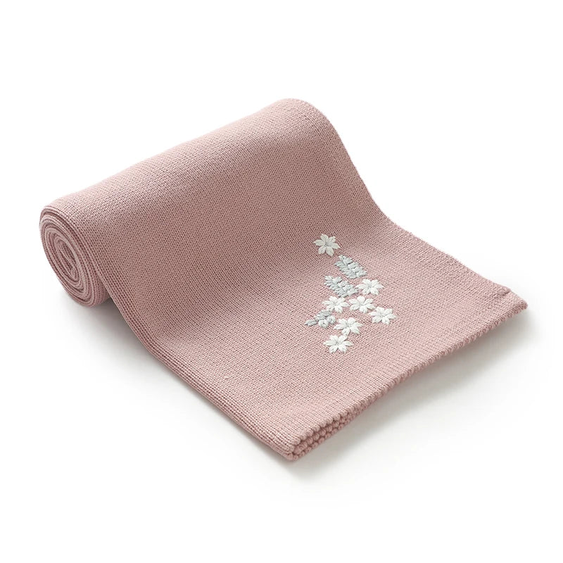 Baby Knitted Cotton Blanket - Floral Embroidered