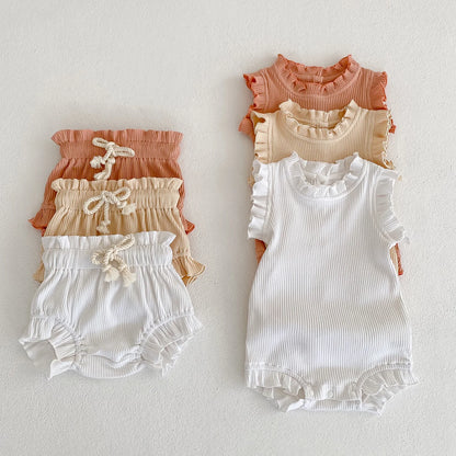 2 Piece Ribbed Romper & Shorts Set - Frill & Flutter Collection