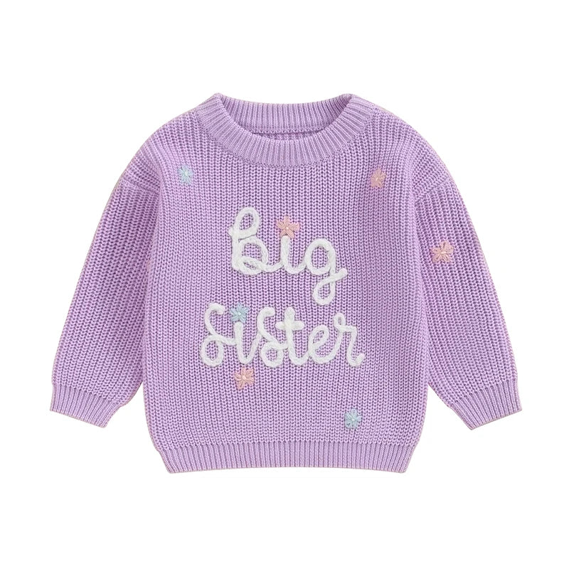 Big Sister Embroidered Knit Sweater – Sibling Reveal Outfit