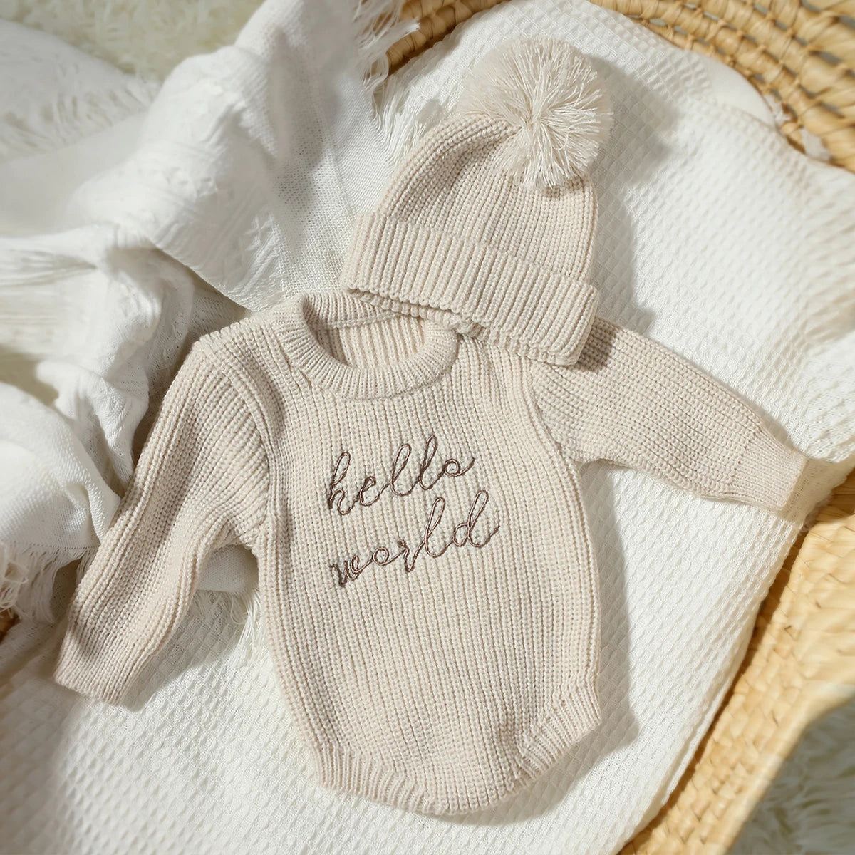 'Hello World' Chunky Knit Romper - With Matching Beanie