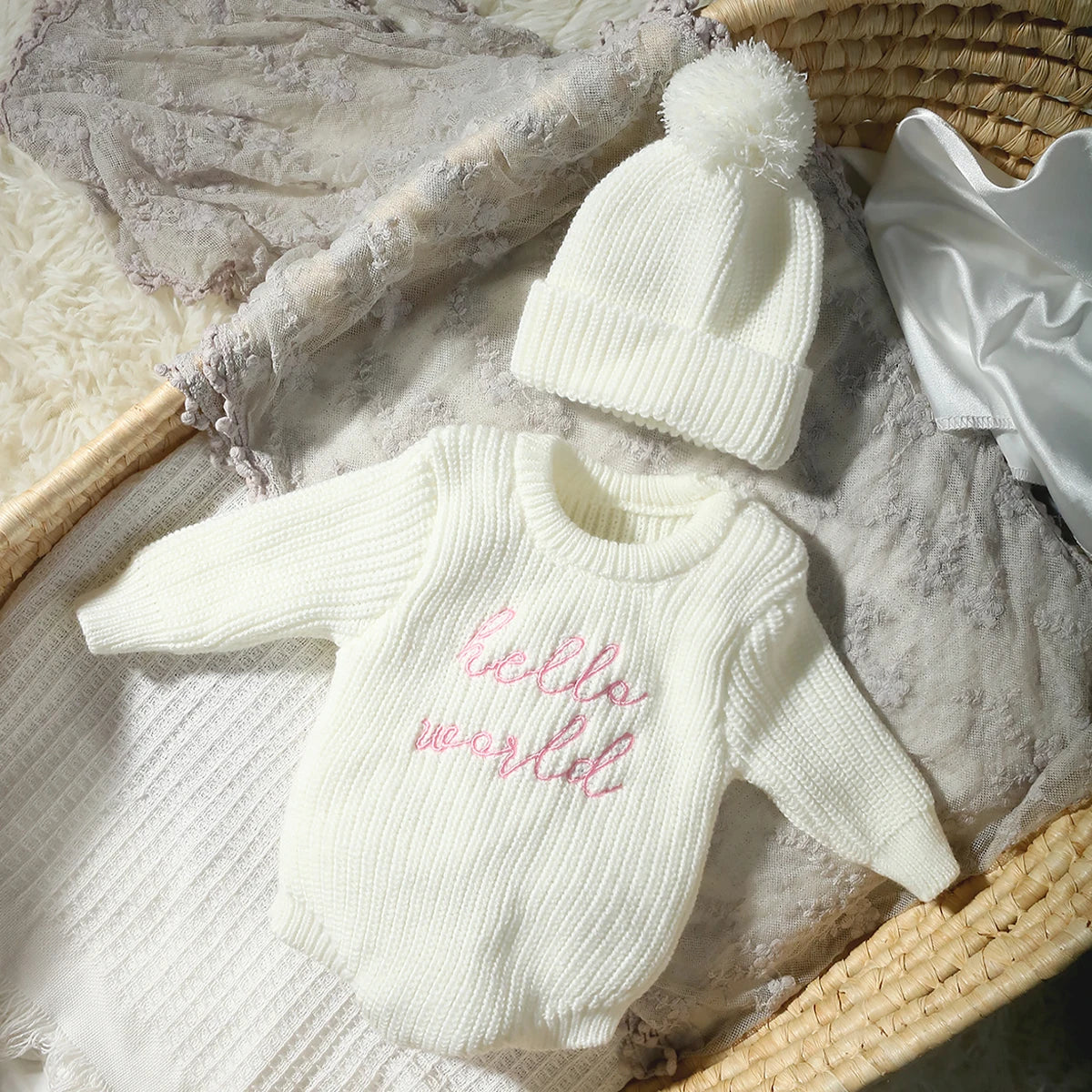'Hello World' Chunky Knit Romper - With Matching Beanie