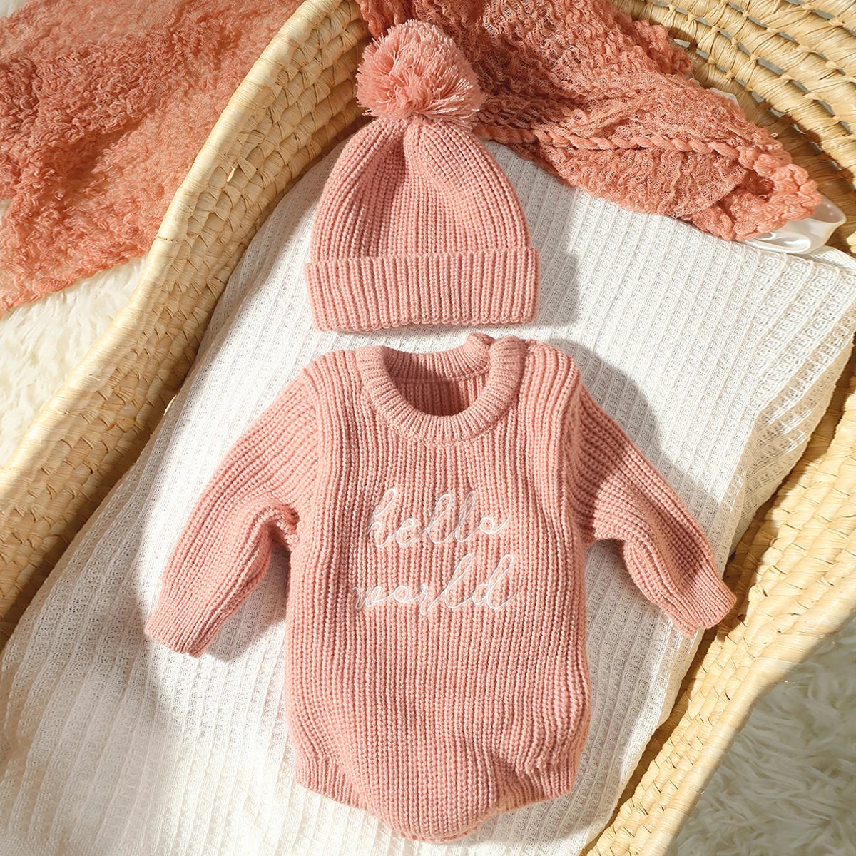 'Hello World' Chunky Knit Romper - With Matching Beanie