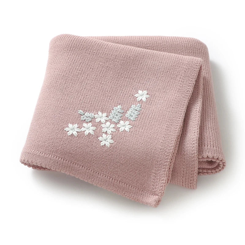 Baby Knitted Cotton Blanket - Floral Embroidered