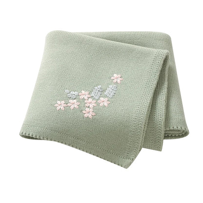 Baby Knitted Cotton Blanket - Floral Embroidered
