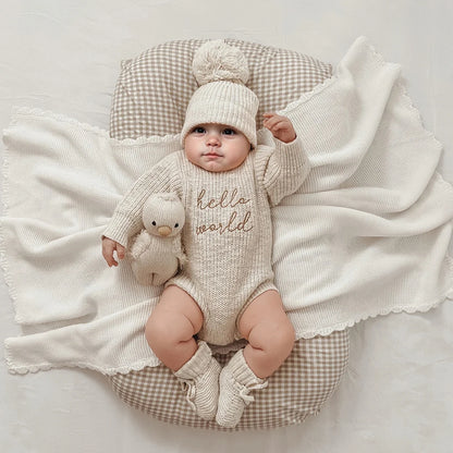 'Hello World' Chunky Knit Romper - With Matching Beanie