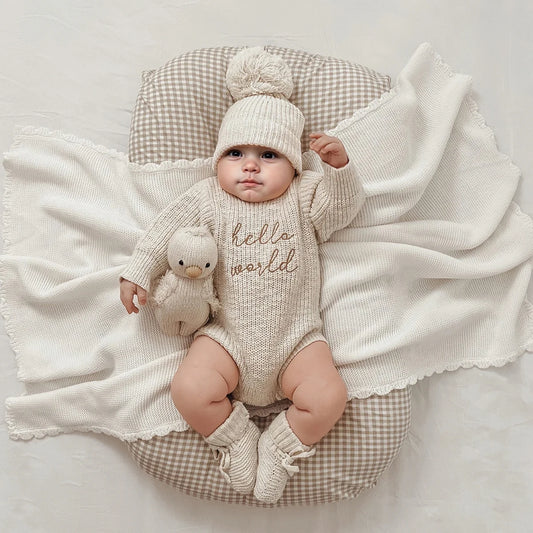 'Hello World' Chunky Knit Romper - With Matching Beanie