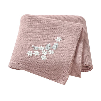 Baby Knitted Cotton Blanket - Floral Embroidered