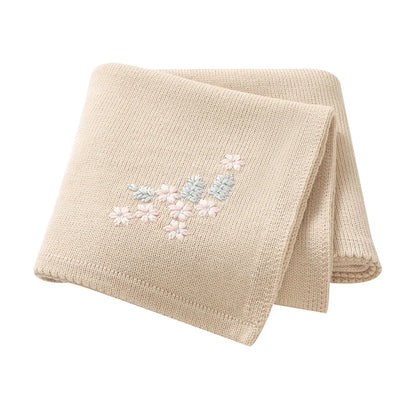 Baby Knitted Cotton Blanket - Floral Embroidered