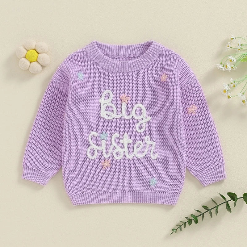 Big Sister Embroidered Knit Sweater – Sibling Reveal Outfit