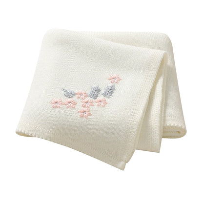 Baby Knitted Cotton Blanket - Floral Embroidered