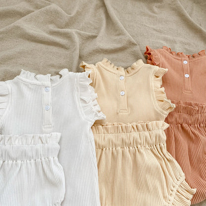 2 Piece Ribbed Romper & Shorts Set - Frill & Flutter Collection