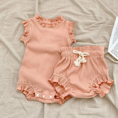 2 Piece Ribbed Romper & Shorts Set - Frill & Flutter Collection