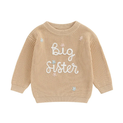 Big Sister Embroidered Knit Sweater – Sibling Reveal Outfit