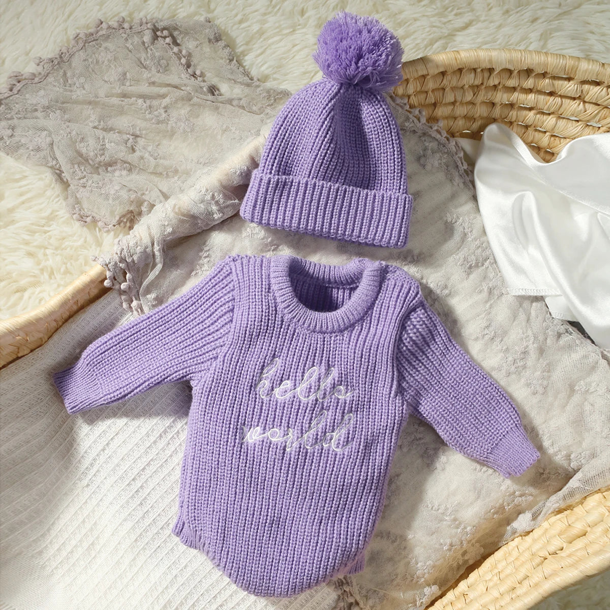 'Hello World' Chunky Knit Romper - With Matching Beanie